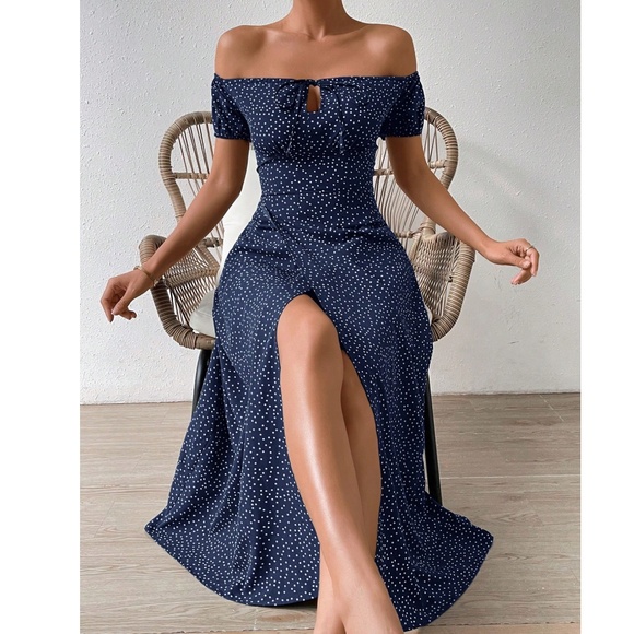 Navy Blue Polka Dot Off Shoulder split thigh Maxi Dress - Picture 1 of 4